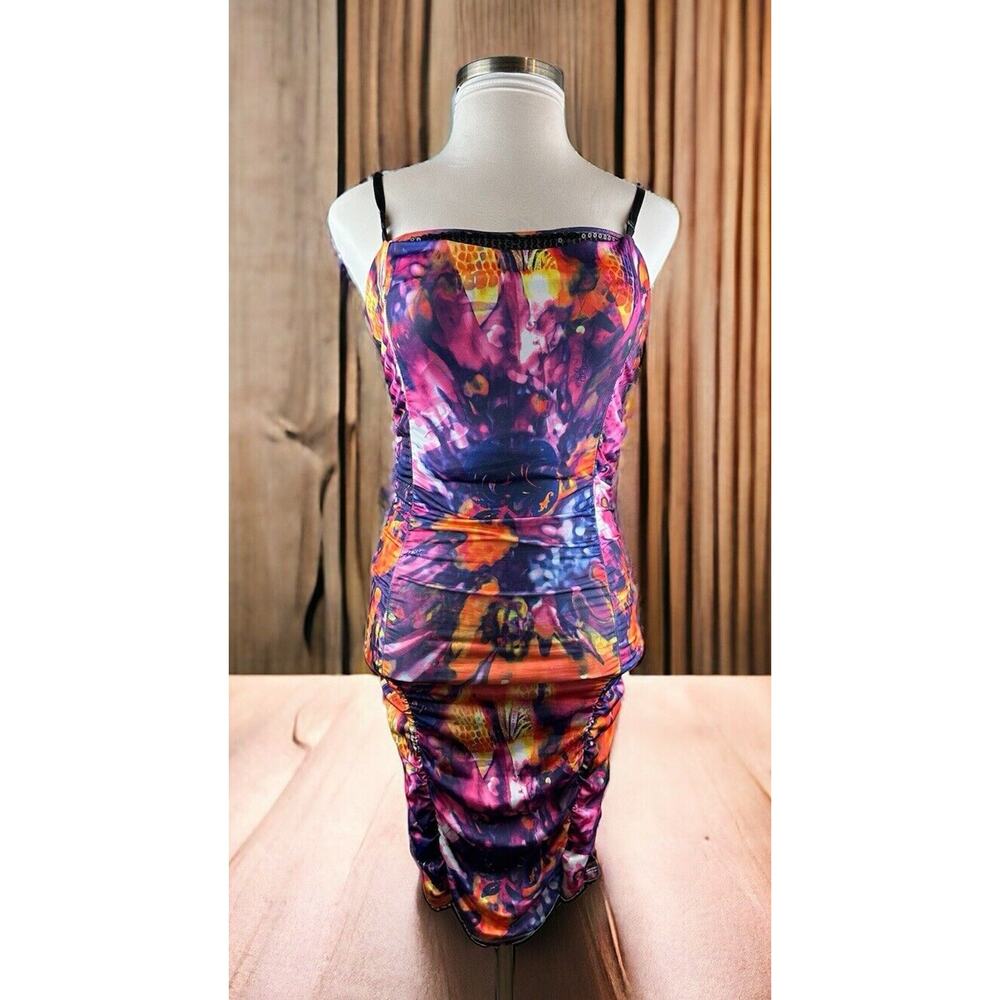 Vtg Y2k Apple Bottom Dress Watercolor Ruched Bodycon Form Fitting Dress Medium M - Picture 16 of 16